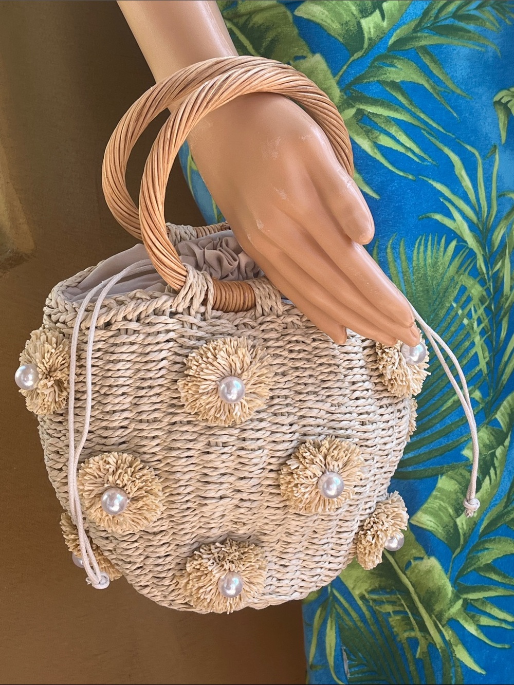 Handwoven Straw Circle Tote Bag with Pearl Flower Accents - Natural